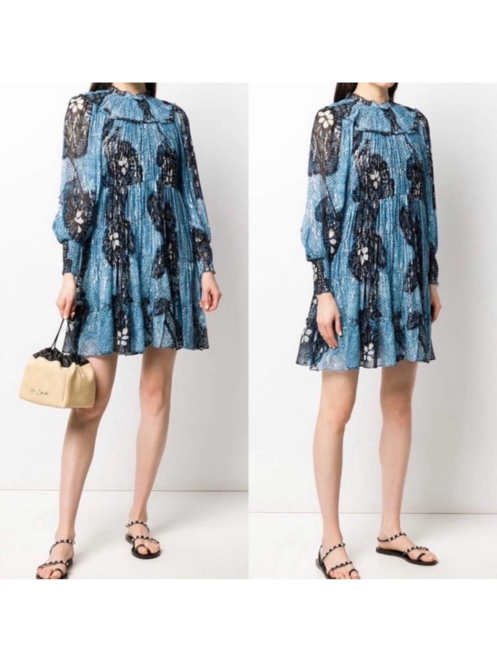 Ulla Johnson Blue Floral Pleated Long-Sleeve Mini Dress - Size 2